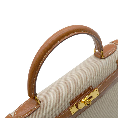 HERMES KELLY 28 SELLIER GOLD TOILE H COUCHEVEL HAND SHOULDER BAG 1994 CIRCLE X GOLD HARDWARE 90344568