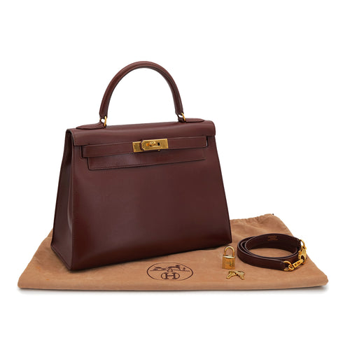 HERMES KELLY 28 SELLIER MARRON FONCE BOXCALF HAND SHOULDER BAG 1996 CIRCLE Z GOLD HARDWARE 90322170