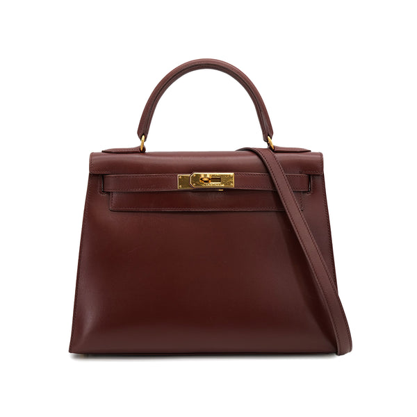 HERMES KELLY 28 SELLIER MARRON FONCE BOXCALF HAND SHOULDER BAG 1996 CIRCLE Z GOLD HARDWARE 90322170