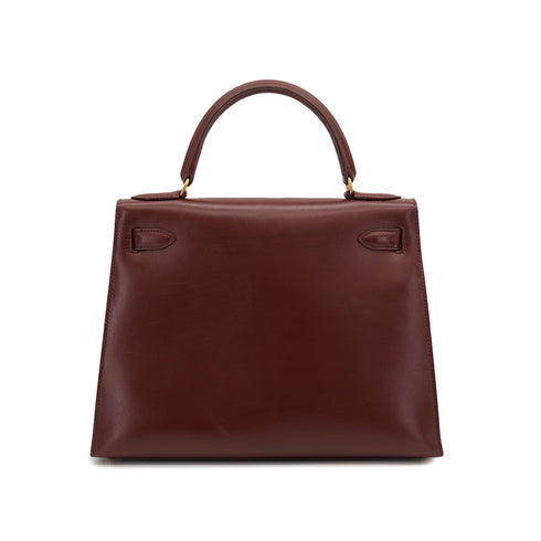 HERMES KELLY 28 SELLIER MARRON FONCE BOXCALF HAND SHOULDER BAG 1996 CIRCLE Z GOLD HARDWARE 90322170