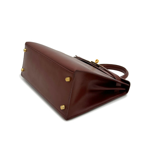 HERMES KELLY 28 SELLIER MARRON FONCE BOXCALF HAND SHOULDER BAG 1996 CIRCLE Z GOLD HARDWARE 90322170