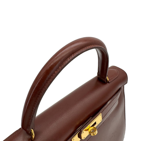 HERMES KELLY 28 SELLIER MARRON FONCE BOXCALF HAND SHOULDER BAG 1996 CIRCLE Z GOLD HARDWARE 90322170
