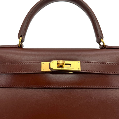 HERMES KELLY 28 SELLIER MARRON FONCE BOXCALF HAND SHOULDER BAG 1996 CIRCLE Z GOLD HARDWARE 90322170