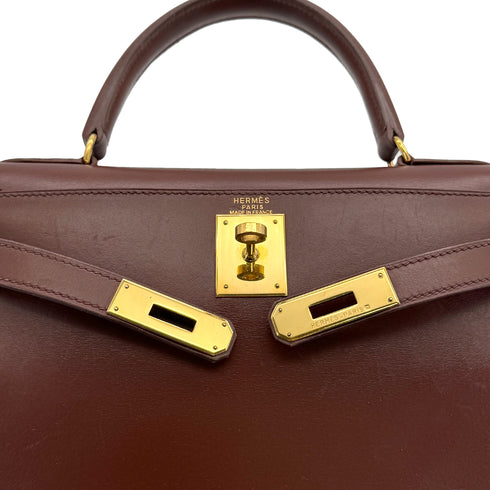 HERMES KELLY 28 SELLIER MARRON FONCE BOXCALF HAND SHOULDER BAG 1996 CIRCLE Z GOLD HARDWARE 90322170