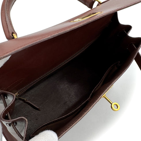 HERMES KELLY 28 SELLIER MARRON FONCE BOXCALF HAND SHOULDER BAG 1996 CIRCLE Z GOLD HARDWARE 90322170