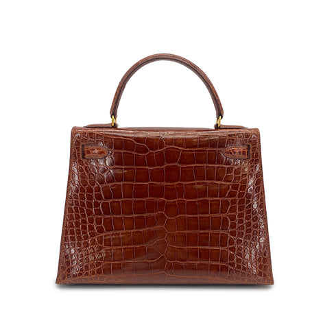 HERMES KELLY 28 SELLIER MIEL CROCODILE ALLIGATOR HAND SHOULDER BAG 1992 CIRCLE V GOLD HARDWARE 90325601