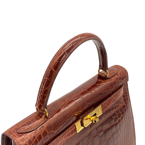 HERMES KELLY 28 SELLIER MIEL CROCODILE ALLIGATOR HAND SHOULDER BAG 1992 CIRCLE V GOLD HARDWARE 90325601