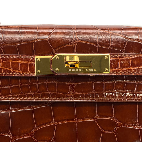 HERMES KELLY 28 SELLIER MIEL CROCODILE ALLIGATOR HAND SHOULDER BAG 1992 CIRCLE V GOLD HARDWARE 90325601