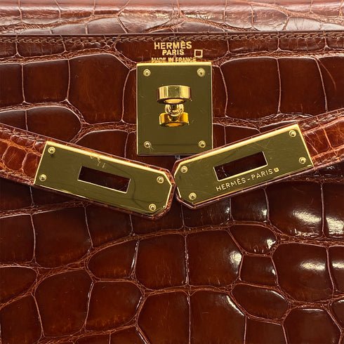 HERMES KELLY 28 SELLIER MIEL CROCODILE ALLIGATOR HAND SHOULDER BAG 1992 CIRCLE V GOLD HARDWARE 90325601