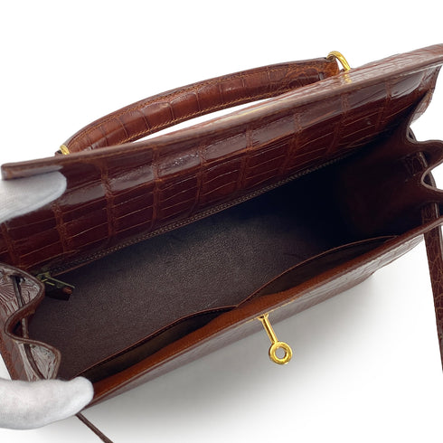 HERMES KELLY 28 SELLIER MIEL CROCODILE ALLIGATOR HAND SHOULDER BAG 1992 CIRCLE V GOLD HARDWARE 90325601