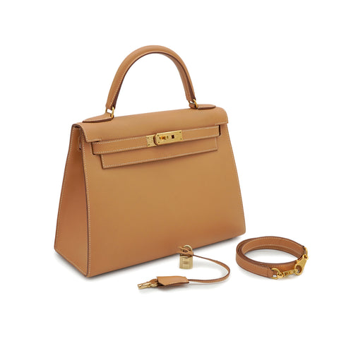 HERMES KELLY 28 SELLIER NATUREL COURCHEVEL HAND SHOULDER BAG 1998 SQUARE B GOLD HARDWARE 90335774