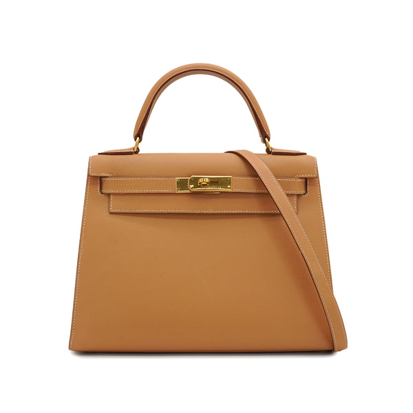 HERMES KELLY 28 SELLIER NATUREL COURCHEVEL HAND SHOULDER BAG 1998 SQUARE B GOLD HARDWARE 90335774