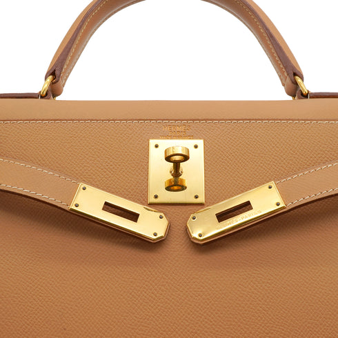 HERMES KELLY 28 SELLIER NATUREL COURCHEVEL HAND SHOULDER BAG 1998 SQUARE B GOLD HARDWARE 90335774