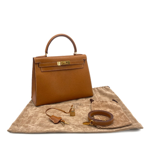 HERMES KELLY 28 SELLIER NATUREL PIGSKIN HAND SHOULDER BAG 1992 CIRCLE V GOLD HARDWARE 90318216