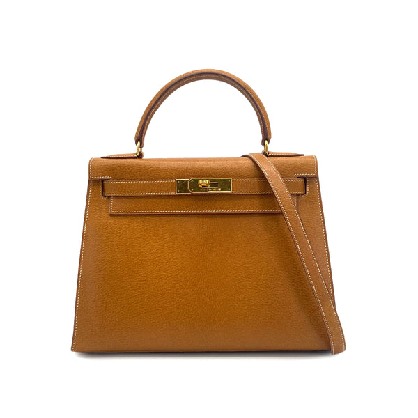 HERMES KELLY 28 SELLIER NATUREL PIGSKIN HAND SHOULDER BAG 1992 CIRCLE V GOLD HARDWARE 90318216