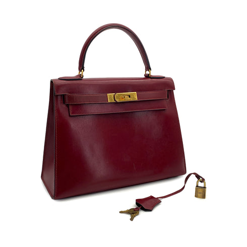 HERMES KELLY 28 SELLIER ROUGE H BOXCALF HAND BAG 1986 CIRCLE P GOLD HARDWARE 90317903