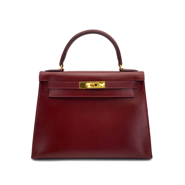 HERMES KELLY 28 SELLIER ROUGE H BOXCALF HAND BAG 1988 CIRCLE R GOLD HARDWARE 90317905