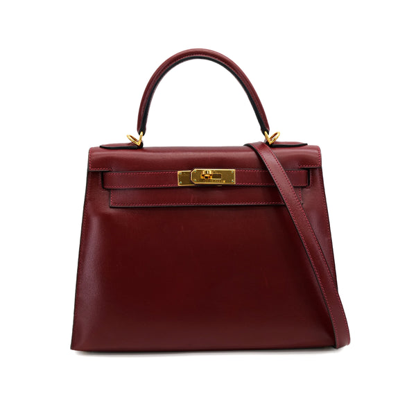 HERMES KELLY 28 SELLIER ROUGE H BOXCALF HAND SHOULDER BAG 2001 SQUARE E GOLD HARDWARE 90314881