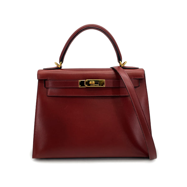 HERMES KELLY 28 SELLIER ROUGE H BOXCALF HAND SHOULDER BAG 2002 SQUARE F GOLD HARDWARE 90324446