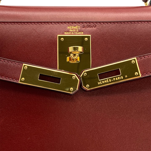 HERMES KELLY 28 SELLIER ROUGE H BOXCALF HAND SHOULDER BAG 2002 SQUARE F GOLD HARDWARE 90324446