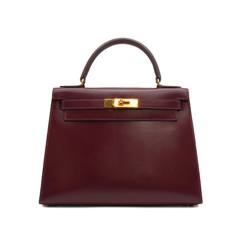 HERMES KELLY 28 SELLIER ROUGE H BOX CALF HAND BAG 1988 CIRCLE R GOLD HARDWARE 90335832