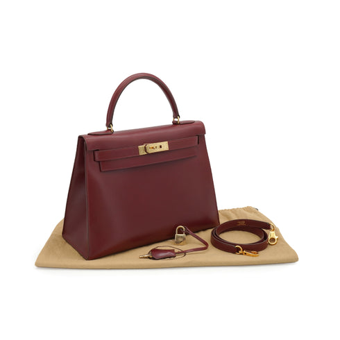 HERMES KELLY 28 SELLIER ROUGE H BOX CALF HAND SHOULDER BAG 1966 V STAMP GOLD HARDWARE 90349269