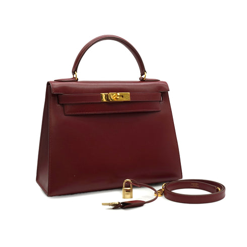 HERMES KELLY 28 SELLIER ROUGE H BOX CALF HAND SHOULDER BAG 1992 CIRCLE V GOLD HARDWARE 90335782