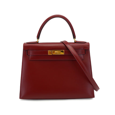 HERMES KELLY 28 SELLIER ROUGE H BOX CALF HAND SHOULDER BAG 1993 CIRCLE W GOLD HARDWARE 90342564