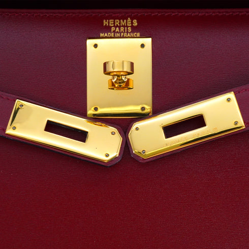 HERMES KELLY 28 SELLIER ROUGE H BOX CALF HAND SHOULDER BAG 1993 CIRCLE W GOLD HARDWARE 90342564