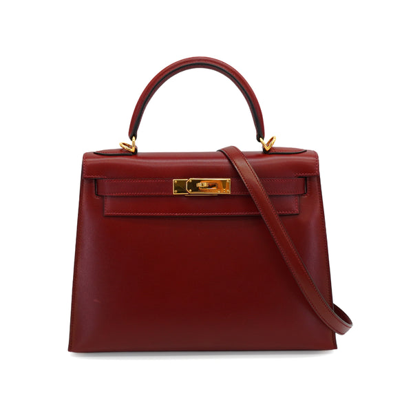 HERMES KELLY 28 SELLIER ROUGE H BOX CALF HAND SHOULDER BAG 2002 SQUARE F GOLD HARDWARE 90345062