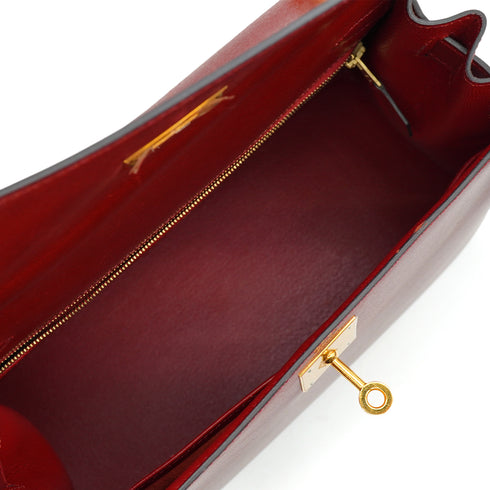 HERMES KELLY 28 SELLIER ROUGE H BOX CALF HAND SHOULDER BAG 2002 SQUARE F GOLD HARDWARE 90345062