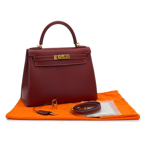 HERMES KELLY 28 SELLIER ROUGE H VEAU CHAMONIX HAND SHOULDER BAG 2006 SQUARE J GOLD HARDWARE 90332440