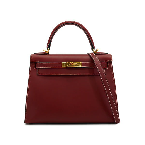 HERMES KELLY 28 SELLIER ROUGE H VEAU CHAMONIX HAND SHOULDER BAG 2006 SQUARE J GOLD HARDWARE 90332440