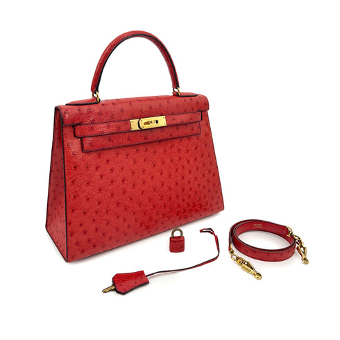HERMES KELLY 28 SELLIER ROUGE VIF OSTRICH HAND SHOULDER BAG 1989 CIRCLE S GOLD HARDWARE SAB0001