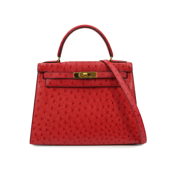 HERMES KELLY 28 SELLIER ROUGE VIF OSTRICH HAND SHOULDER BAG 1989 CIRCLE S GOLD HARDWARE SAB0001