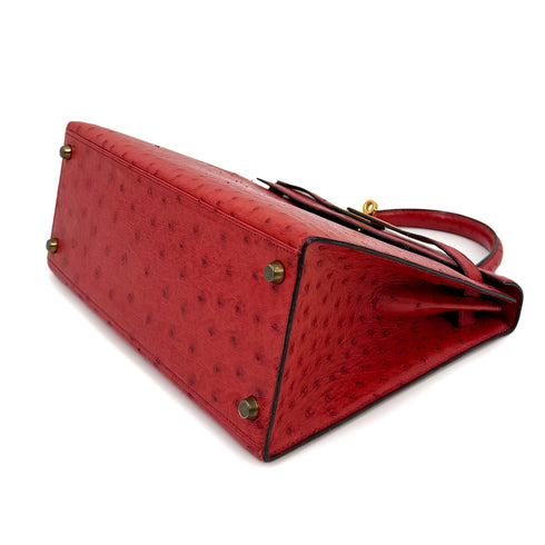 HERMES KELLY 28 SELLIER ROUGE VIF OSTRICH HAND SHOULDER BAG 1989 CIRCLE S GOLD HARDWARE SAB0001