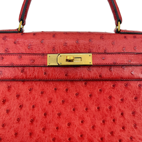 HERMES KELLY 28 SELLIER ROUGE VIF OSTRICH HAND SHOULDER BAG 1989 CIRCLE S GOLD HARDWARE SAB0001