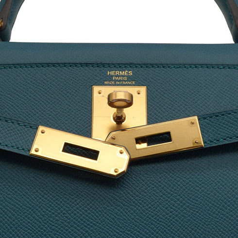 HERMES KELLY 28 SELLIER VERT BOSPHORE EPSOM HAND SHOULDER BAG 2019 D STAMP GOLD HARDWARE 90349274