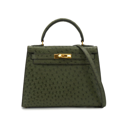 HERMES KELLY 28 SELLIER VERT OLIVE OSTRICH HAND SHOULDER BAG 1996 CIRCLE Z GOLD HARDWARE 90339161