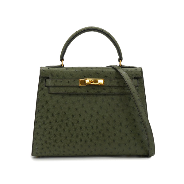 HERMES KELLY 28 SELLIER VERT OLIVE OSTRICH HAND SHOULDER BAG 1996 CIRCLE Z GOLD HARDWARE 90339161