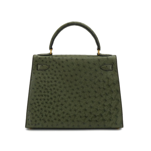 HERMES KELLY 28 SELLIER VERT OLIVE OSTRICH HAND SHOULDER BAG 1996 CIRCLE Z GOLD HARDWARE 90339161