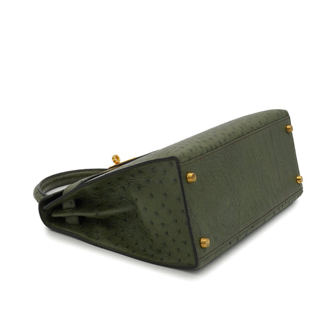 HERMES KELLY 28 SELLIER VERT OLIVE OSTRICH HAND SHOULDER BAG 1996 CIRCLE Z GOLD HARDWARE 90339161