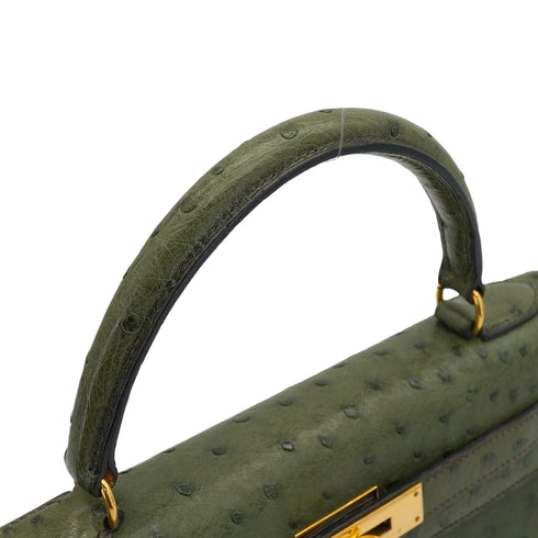 HERMES KELLY 28 SELLIER VERT OLIVE OSTRICH HAND SHOULDER BAG 1996 CIRCLE Z GOLD HARDWARE 90339161