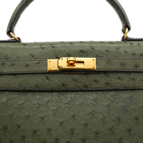 HERMES KELLY 28 SELLIER VERT OLIVE OSTRICH HAND SHOULDER BAG 1996 CIRCLE Z GOLD HARDWARE 90339161