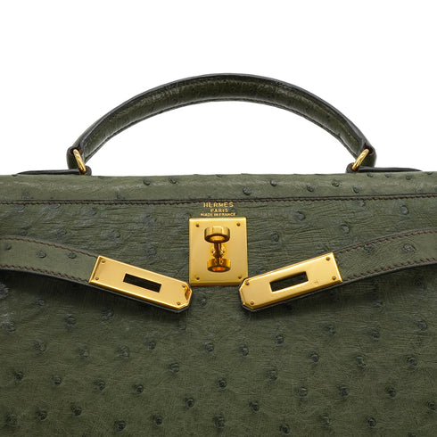 HERMES KELLY 28 SELLIER VERT OLIVE OSTRICH HAND SHOULDER BAG 1996 CIRCLE Z GOLD HARDWARE 90339161