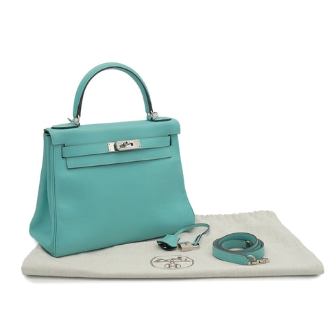 HERMES KELLY 28 VERSO RETOURNE BLUE ATOLL BLEU CANARD EVERCOLOR HAND SHOULDER BAG 2020 Y STAMP PALLADIUM HARDWARE 90351059