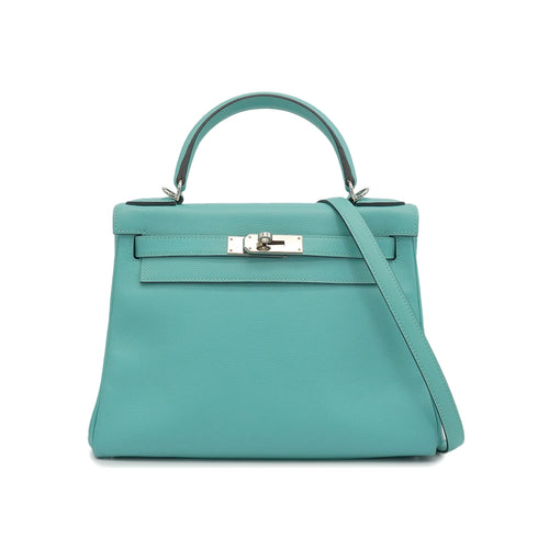 HERMES KELLY 28 VERSO RETOURNE BLUE ATOLL BLEU CANARD EVERCOLOR HAND SHOULDER BAG 2020 Y STAMP PALLADIUM HARDWARE 90351059
