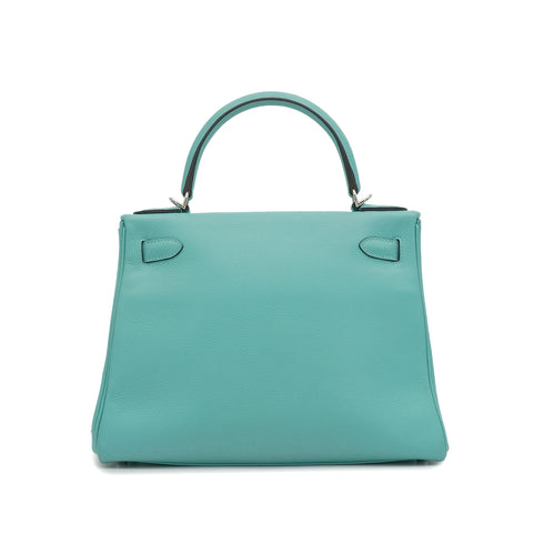 HERMES KELLY 28 VERSO RETOURNE BLUE ATOLL BLEU CANARD EVERCOLOR HAND SHOULDER BAG 2020 Y STAMP PALLADIUM HARDWARE 90351059