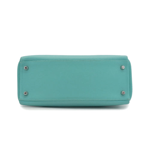 HERMES KELLY 28 VERSO RETOURNE BLUE ATOLL BLEU CANARD EVERCOLOR HAND SHOULDER BAG 2020 Y STAMP PALLADIUM HARDWARE 90351059
