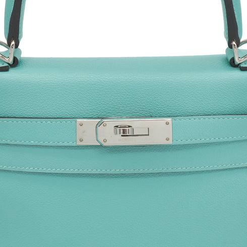 HERMES KELLY 28 VERSO RETOURNE BLUE ATOLL BLEU CANARD EVERCOLOR HAND SHOULDER BAG 2020 Y STAMP PALLADIUM HARDWARE 90351059
